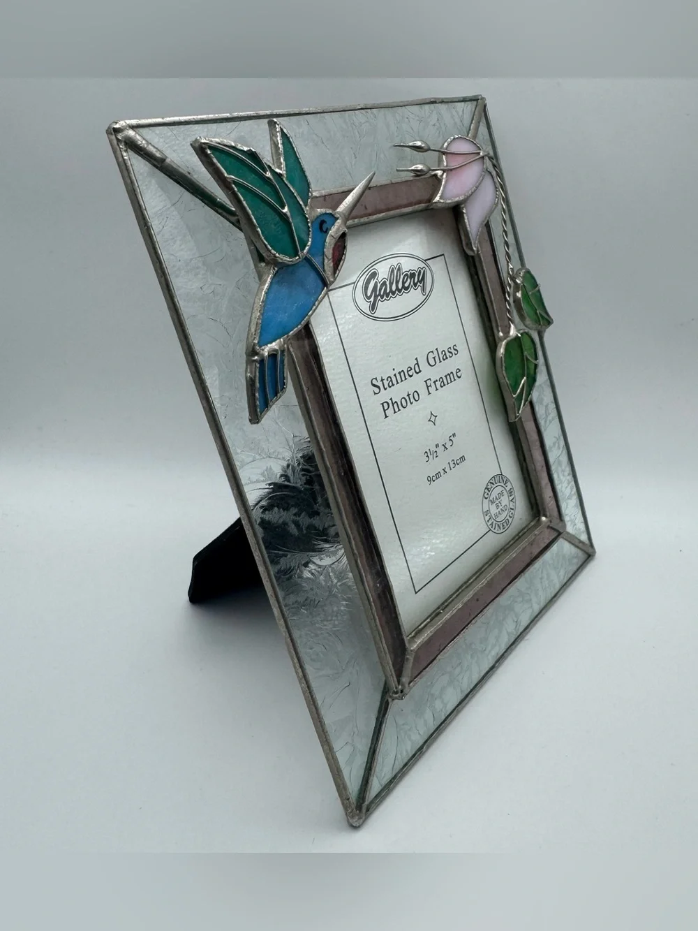 Handmade Stained Glass Hummingbird Photo Frame 3.5x5 Floral Art Glass Desk Frame